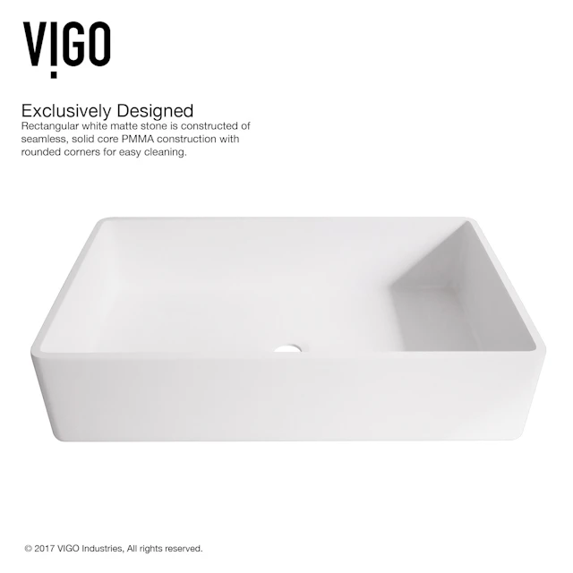 Matte Stone Magnolia Composite Rectangular Vessel Bathroom Sink in White with Niko Faucet and Pop-Up Drain - angle 7 - other