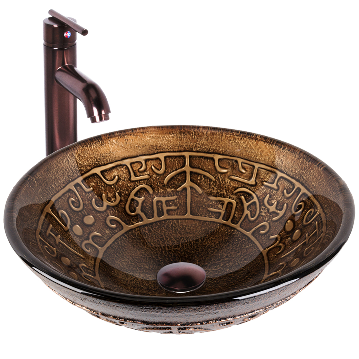 Vessel Bathroom Sink in Copper Mosaic with Faucet Set in Oil Rubbed Bronze