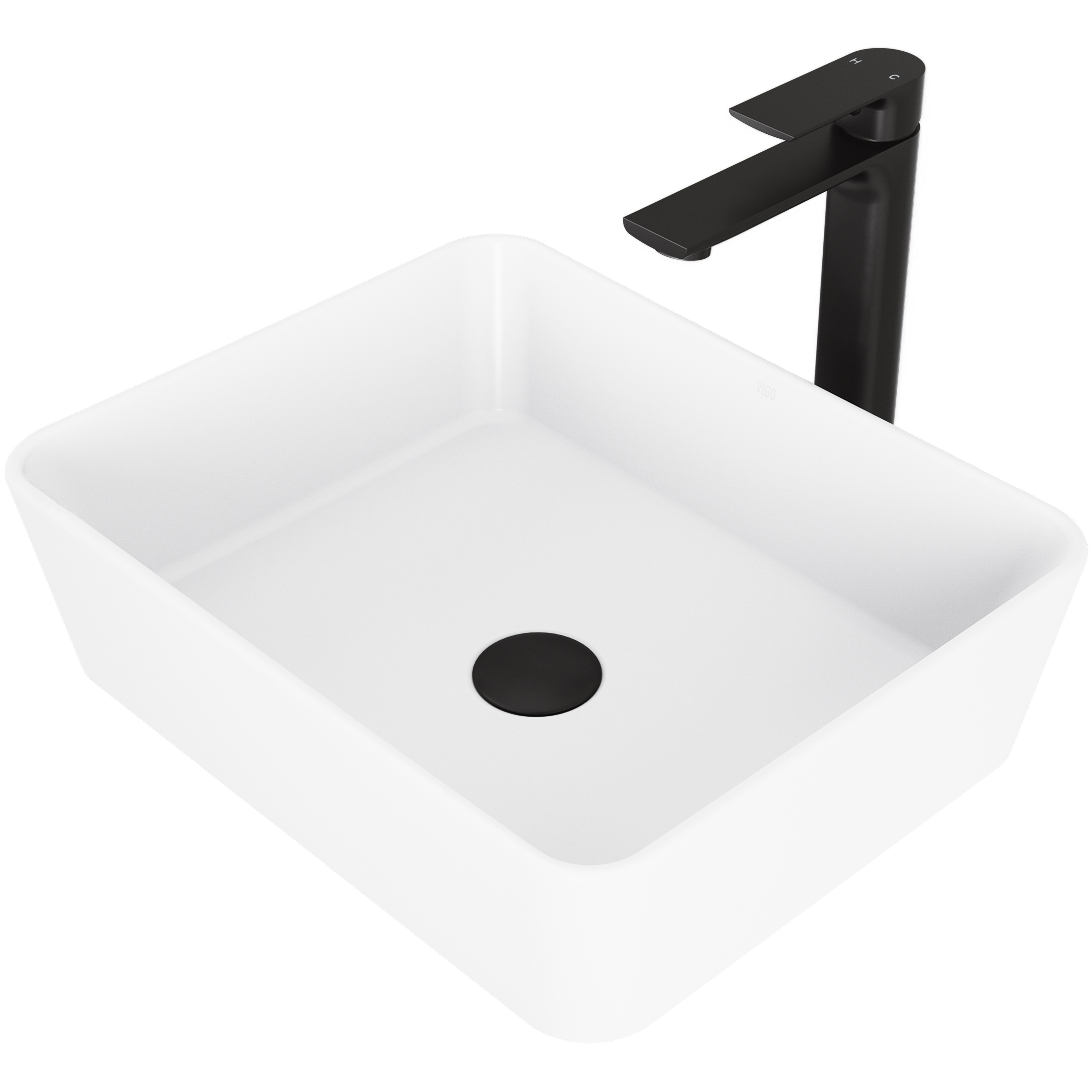 Matte Stone Marigold Composite Rectangular Vessel Bathroom Sink in White with Faucet and Pop-Up Drain