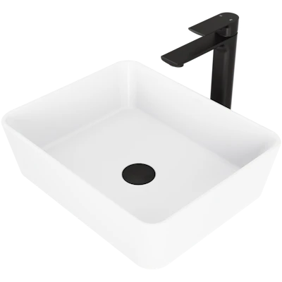 Matte Stone Marigold Composite Rectangular Vessel Bathroom Sink in White with Faucet and Pop-Up Drain