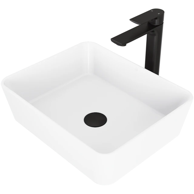Matte Stone Marigold Composite Rectangular Vessel Bathroom Sink in White with Faucet and Pop-Up Drain - angle 1 - other