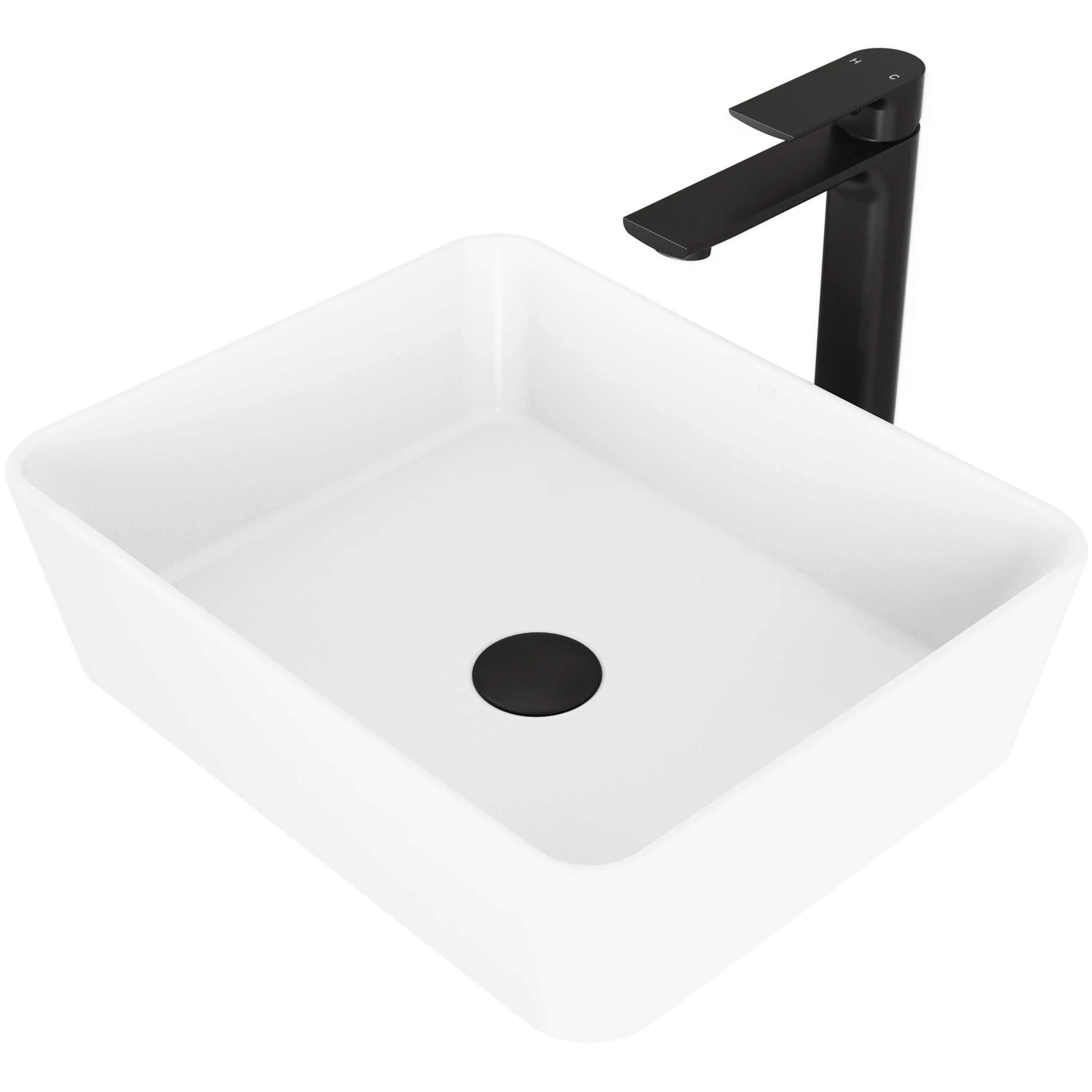 Matte Stone Marigold Composite Rectangular Vessel Bathroom Sink in White with Faucet and Pop-Up Drain