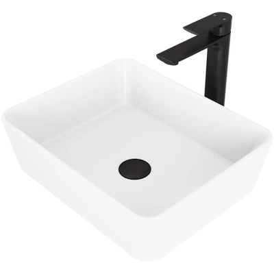 Matte Stone Marigold Composite Rectangular Vessel Bathroom Sink in White with Faucet and Pop-Up Drain