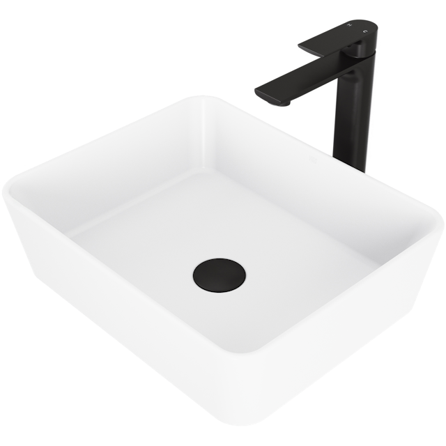 Matte Stone Marigold Composite Rectangular Vessel Bathroom Sink in White with Faucet and Pop-Up Drain - image 1 - other