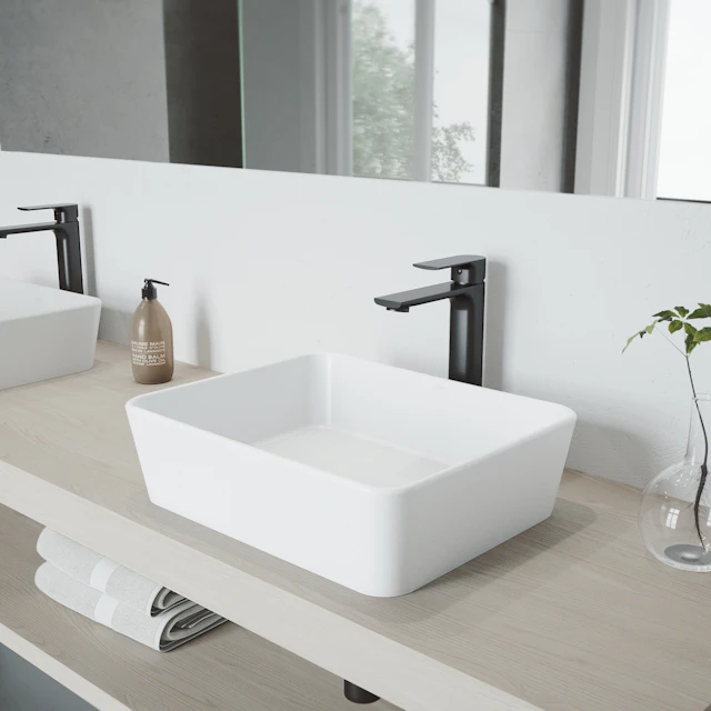 Matte Stone Marigold Composite Rectangular Vessel Bathroom Sink in White with Faucet and Pop-Up Drain - angle 3 - other