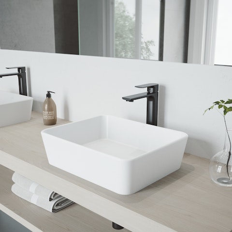 Matte Stone Marigold Composite Rectangular Vessel Bathroom Sink in White with Faucet and Pop-Up Drain - image 3 - other