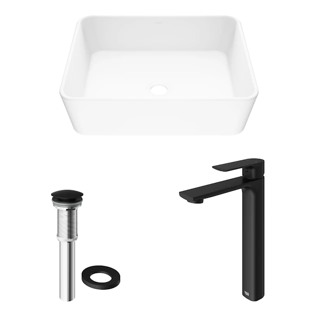 Matte Stone Marigold Composite Rectangular Vessel Bathroom Sink in White with Faucet and Pop-Up Drain - angle 4 - other