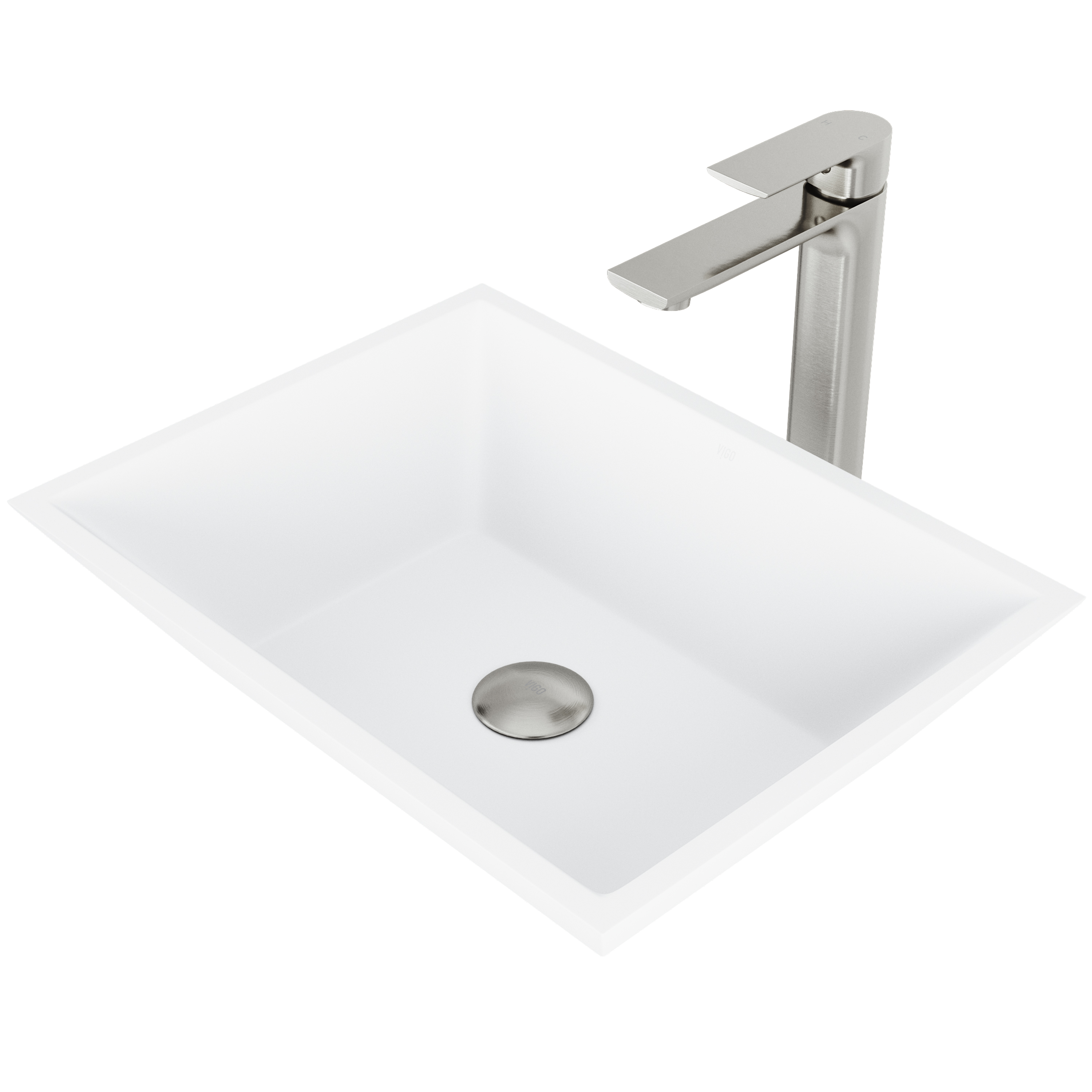 Matte Stone Vinca Composite Rectangular Vessel Bathroom Sink in White with Faucet and Pop-Up Drain