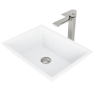 Matte Stone Vinca Composite Rectangular Vessel Bathroom Sink in White with Faucet and Pop-Up Drain