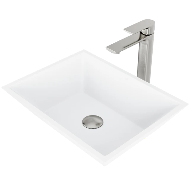 Matte Stone Vinca Composite Rectangular Vessel Bathroom Sink in White with Faucet and Pop-Up Drain - angle 1 - other