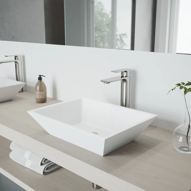 Matte Stone Vinca Composite Rectangular Vessel Bathroom Sink in White with Faucet and Pop-Up Drain - angle 3 - other