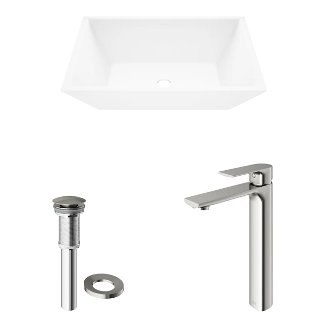 Matte Stone Vinca Composite Rectangular Vessel Bathroom Sink in White with Faucet and Pop-Up Drain - angle 4 - other