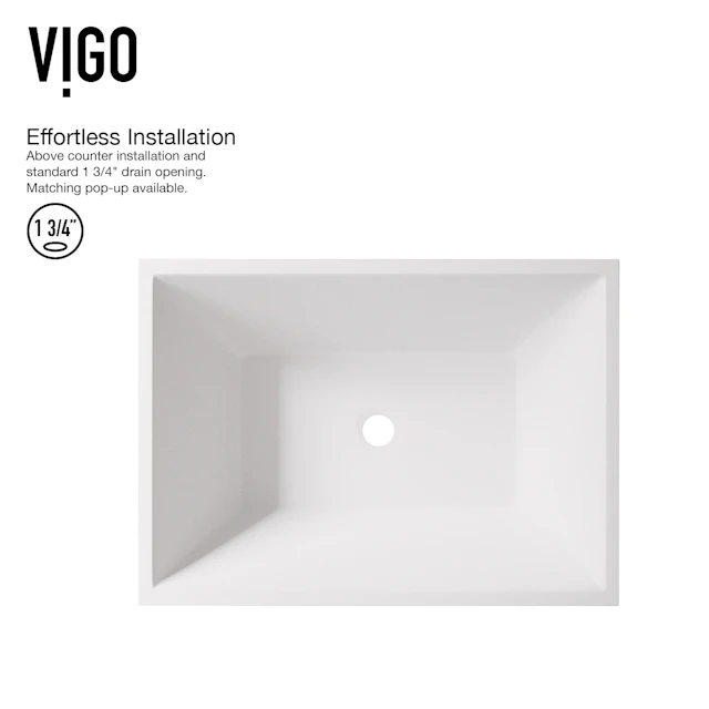 Matte Stone Vinca Composite Rectangular Vessel Bathroom Sink in White with Faucet and Pop-Up Drain - angle 5 - other