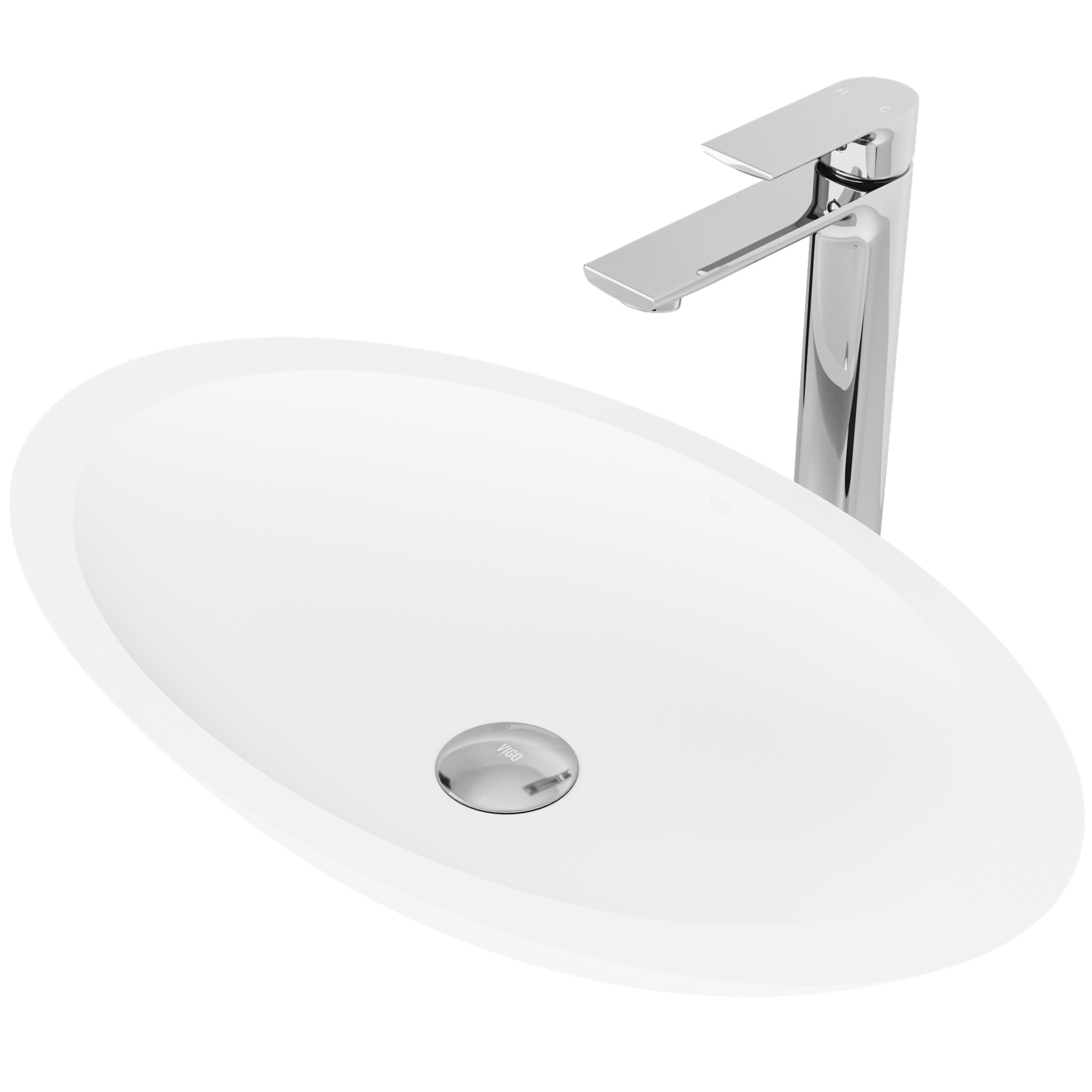 Matte Stone Wisteria Composite Oval Vessel Bathroom Sink in White with Norfolk Faucet and Pop-Up Drain