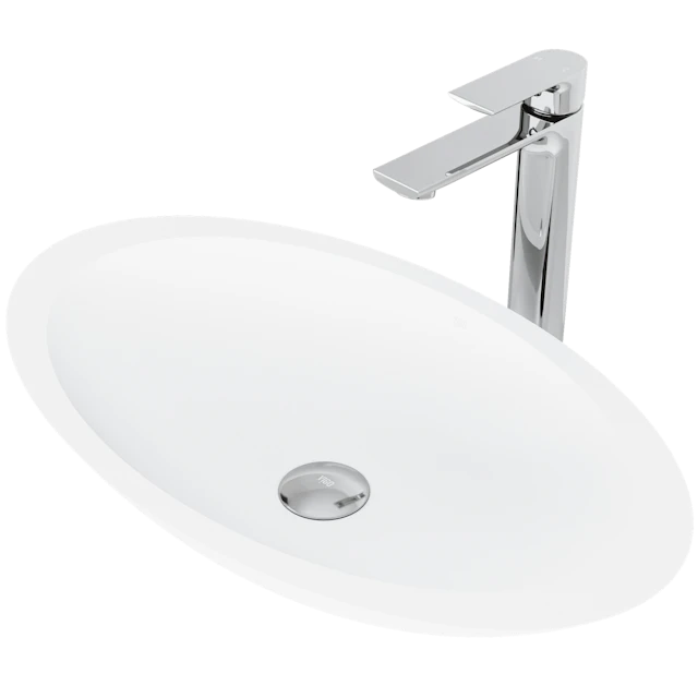 Matte Stone Wisteria Composite Oval Vessel Bathroom Sink in White with Norfolk Faucet and Pop-Up Drain - angle 1 - other