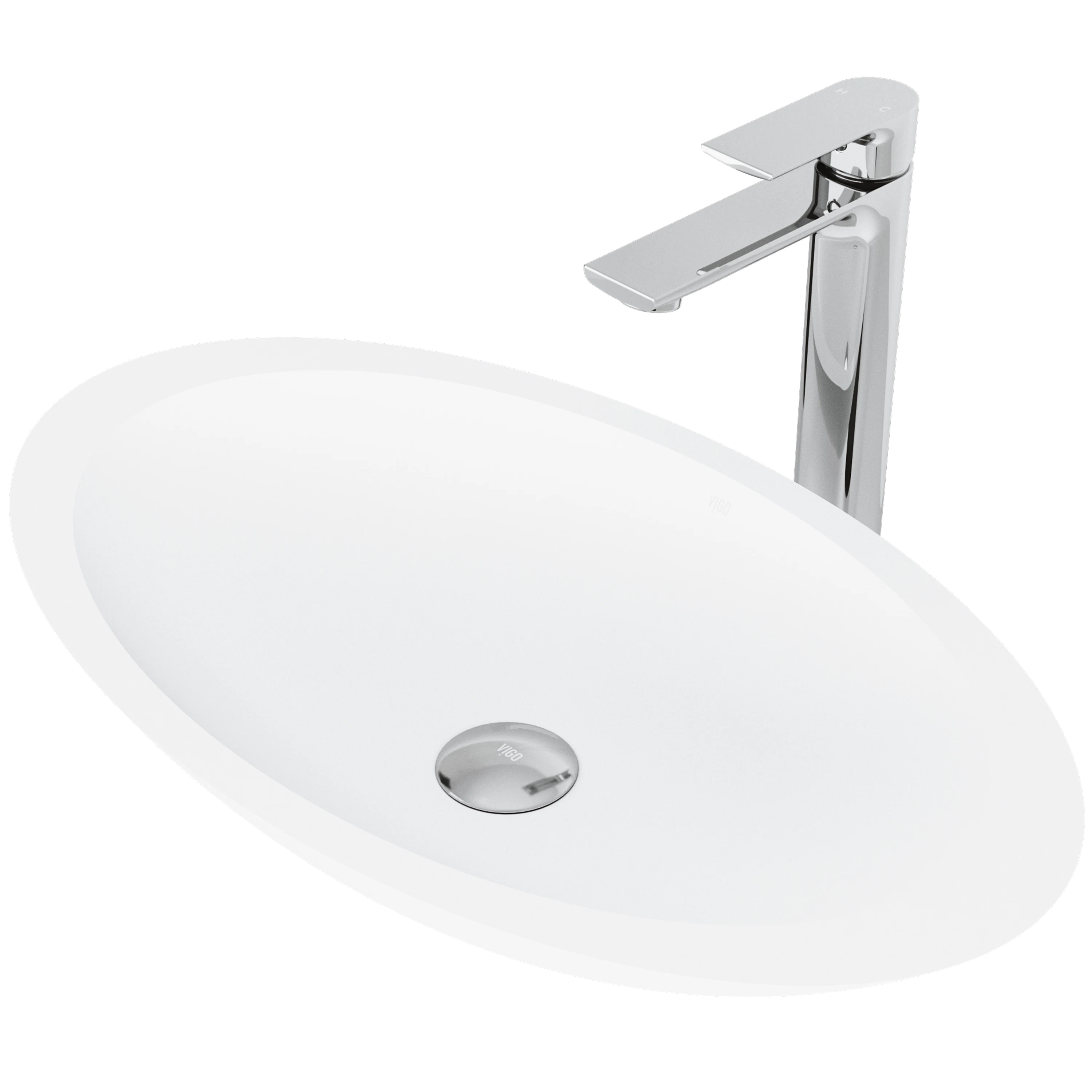 Matte Stone Wisteria Composite Oval Vessel Bathroom Sink in White with Norfolk Faucet and Pop-Up Drain