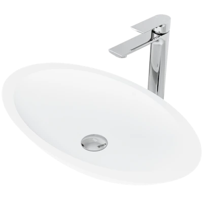 Matte Stone Wisteria Composite Oval Vessel Bathroom Sink in White with Norfolk Faucet and Pop-Up Drain