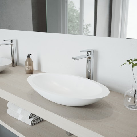 Matte Stone Wisteria Composite Oval Vessel Bathroom Sink in White with Norfolk Faucet and Pop-Up Drain - image 3 - other
