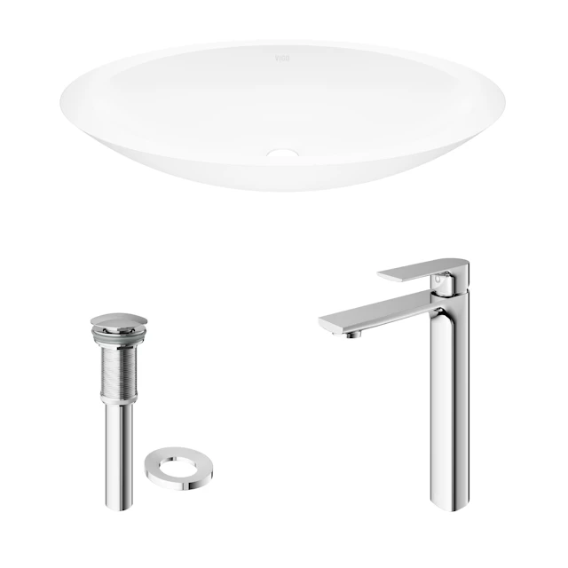 Matte Stone Wisteria Composite Oval Vessel Bathroom Sink in White with Norfolk Faucet and Pop-Up Drain - angle 4 - other