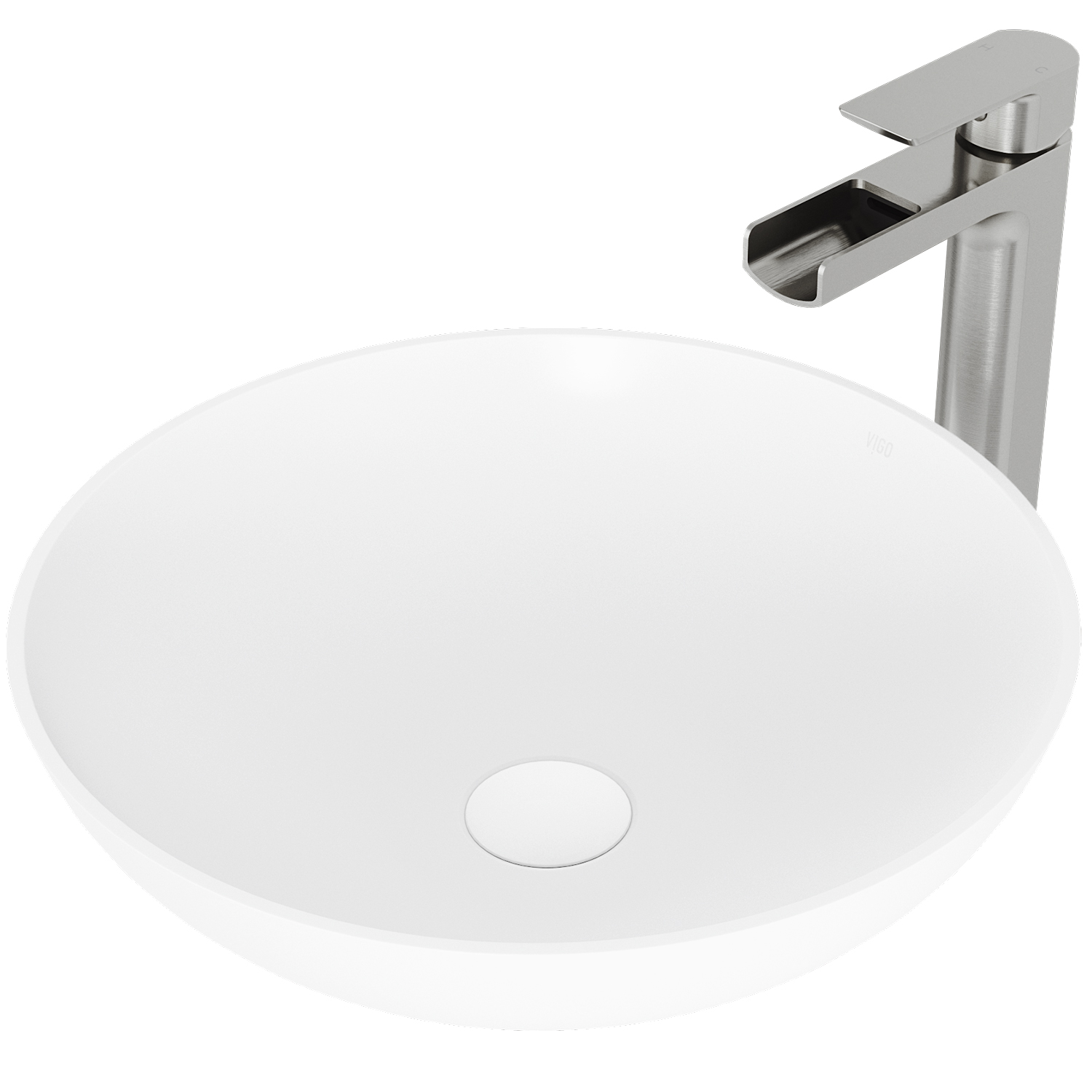 Matte Stone Lotus Composite Round Vessel Bathroom Sink in White with Amada Faucet and Pop-Up Drain