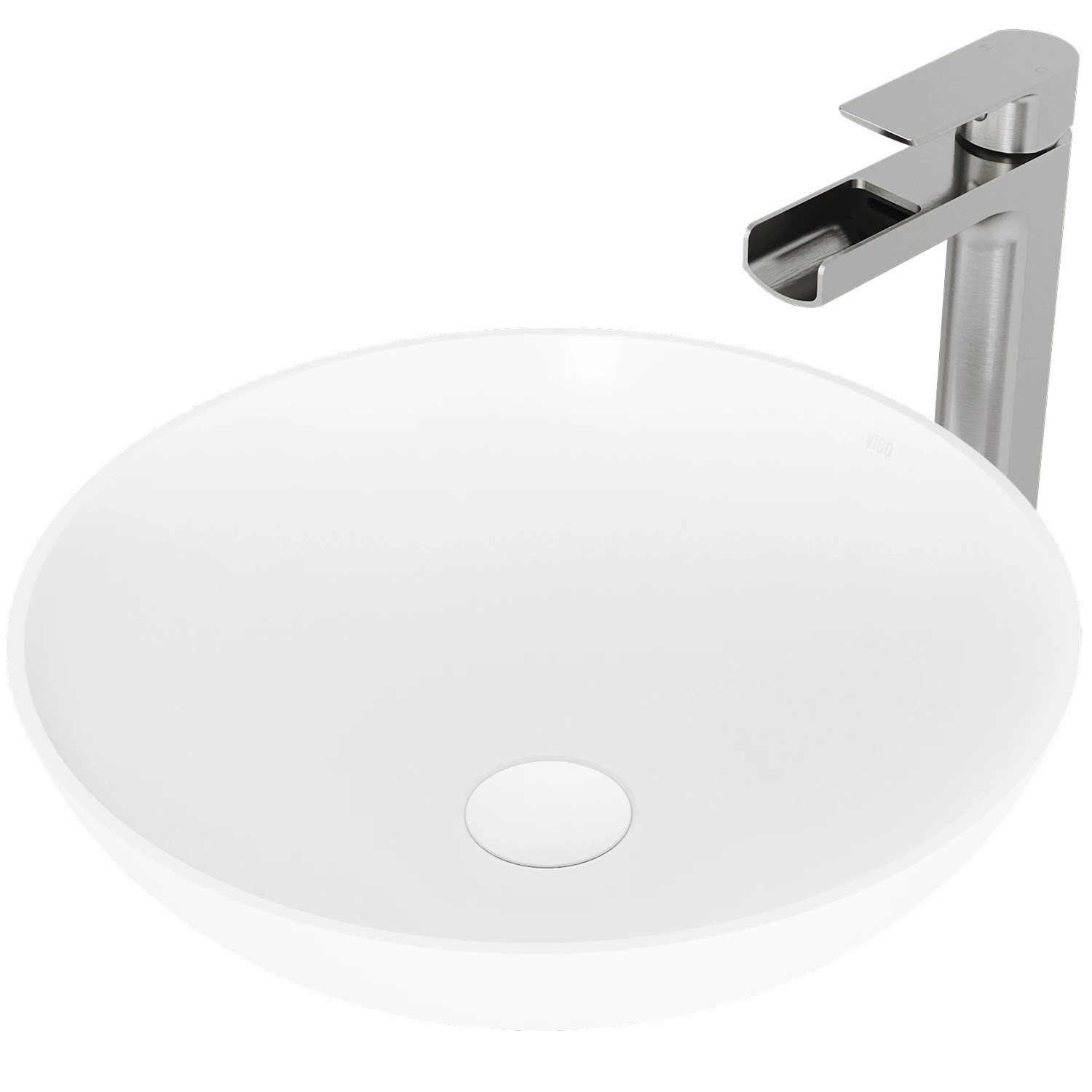 Matte Stone Lotus Composite Round Vessel Bathroom Sink in White with Amada Faucet and Pop-Up Drain