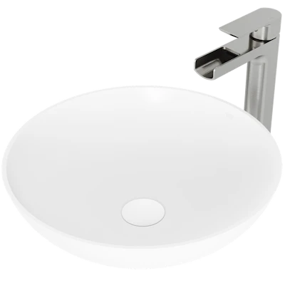 Matte Stone Lotus Composite Round Vessel Bathroom Sink in White with Amada Faucet and Pop-Up Drain