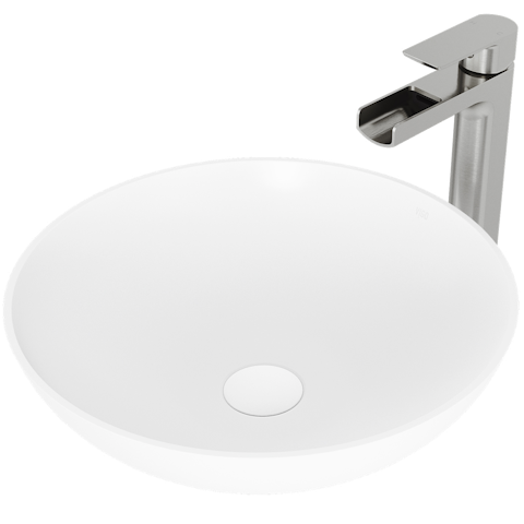 Matte Stone Lotus Composite Round Vessel Bathroom Sink in White with Amada Faucet and Pop-Up Drain - image 1 - other