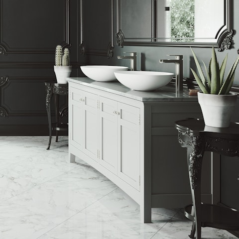 Matte Stone Lotus Composite Round Vessel Bathroom Sink in White with Amada Faucet and Pop-Up Drain - image 2 - other