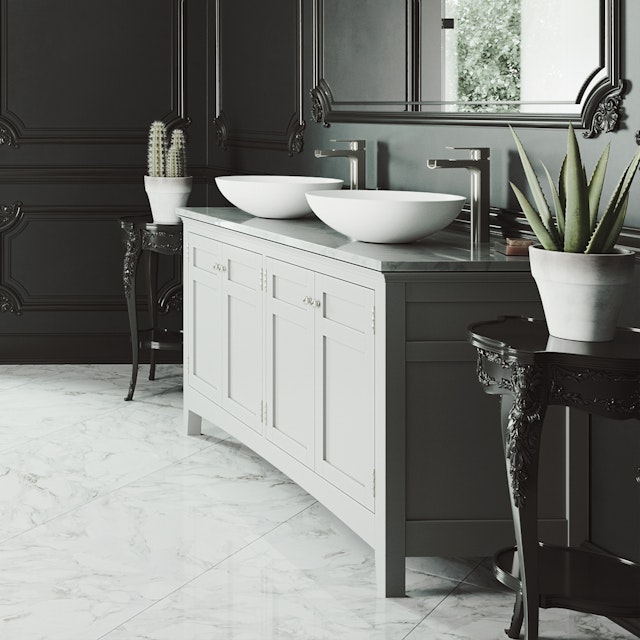 Matte Stone Lotus Composite Round Vessel Bathroom Sink in White with Amada Faucet and Pop-Up Drain - image 2 - other