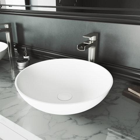 Matte Stone Lotus Composite Round Vessel Bathroom Sink in White with Amada Faucet and Pop-Up Drain - image 3 - other