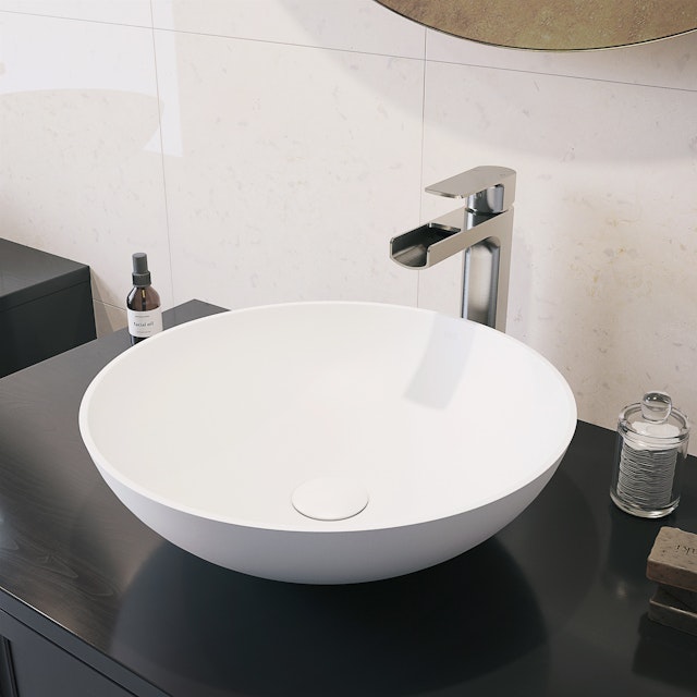 Matte Stone Lotus Composite Round Vessel Bathroom Sink in White with Amada Faucet and Pop-Up Drain - image 4 - other