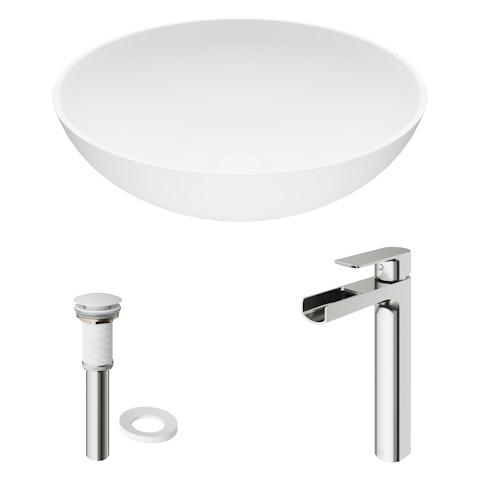 Matte Stone Lotus Composite Round Vessel Bathroom Sink in White with Amada Faucet and Pop-Up Drain - image 5 - other