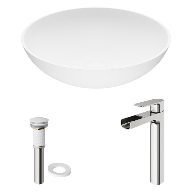 Matte Stone Lotus Composite Round Vessel Bathroom Sink in White with Amada Faucet and Pop-Up Drain - image 5 - other