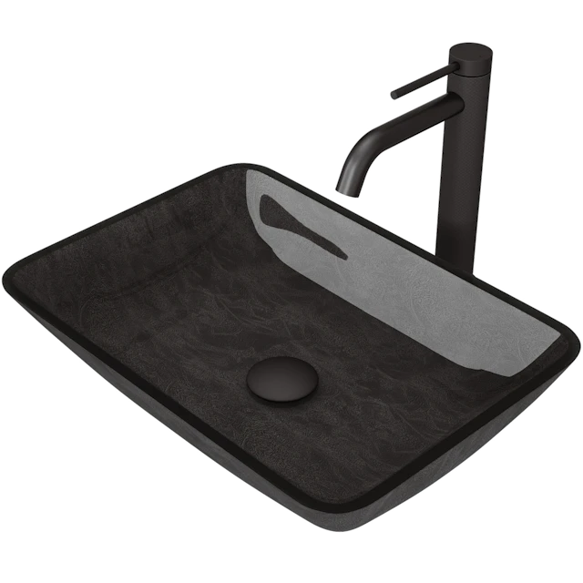 Glass Rectangular Vessel Bathroom Sink in Onyx Gray with Lexington Faucet and Pop-Up Drain - angle 1 - other