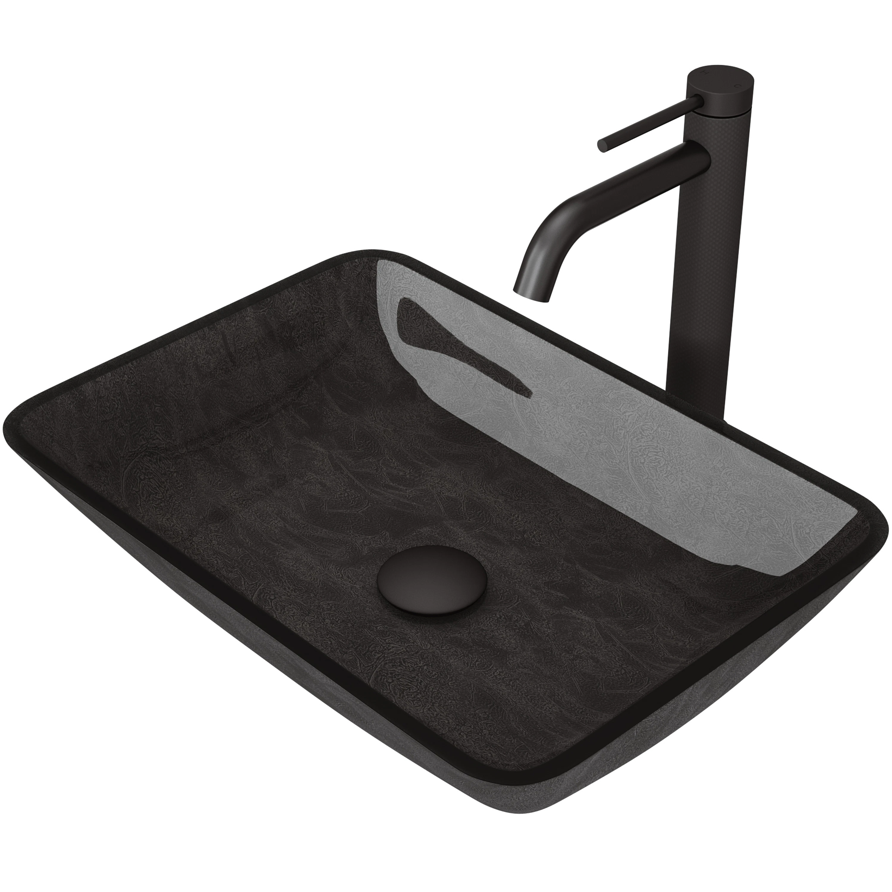 Glass Rectangular Vessel Bathroom Sink in Onyx Gray with Lexington Faucet and Pop-Up Drain