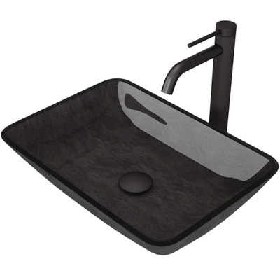 Glass Rectangular Vessel Bathroom Sink in Onyx Gray with Lexington Faucet and Pop-Up Drain
