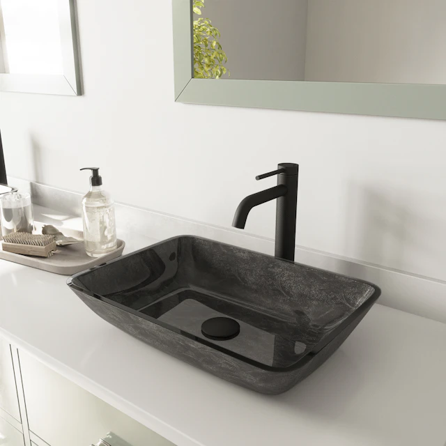 Glass Rectangular Vessel Bathroom Sink in Onyx Gray with Lexington Faucet and Pop-Up Drain - angle 3 - other