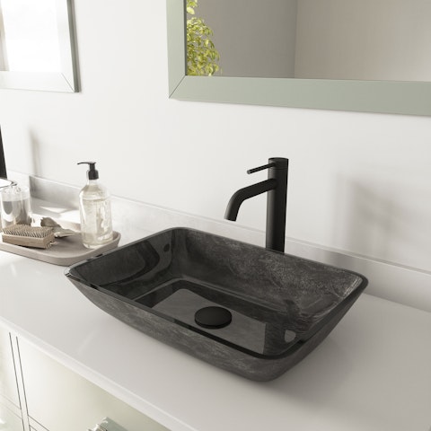 Glass Rectangular Vessel Bathroom Sink in Onyx Gray with Lexington Faucet and Pop-Up Drain - image 3 - other
