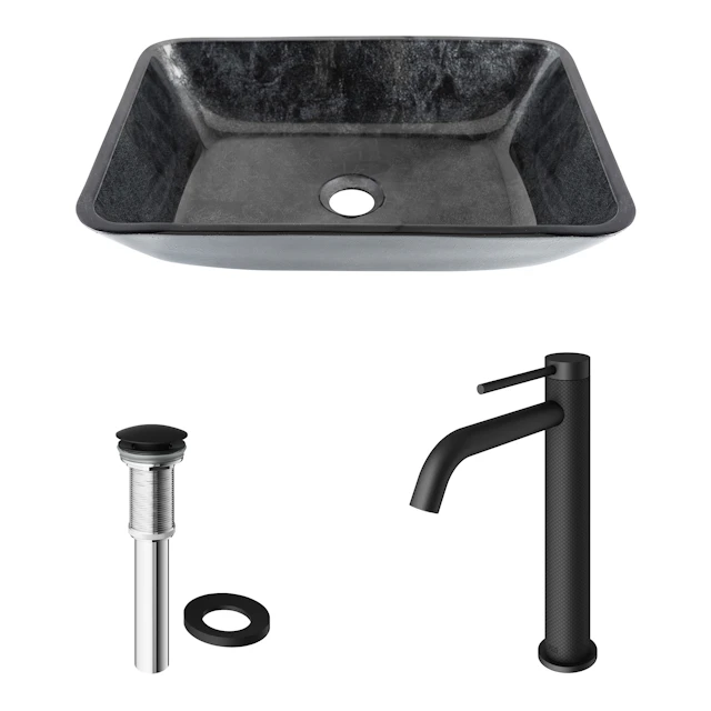 Glass Rectangular Vessel Bathroom Sink in Onyx Gray with Lexington Faucet and Pop-Up Drain - angle 4 - other