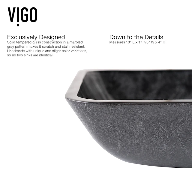 Glass Rectangular Vessel Bathroom Sink in Onyx Gray with Lexington Faucet and Pop-Up Drain - angle 7 - other