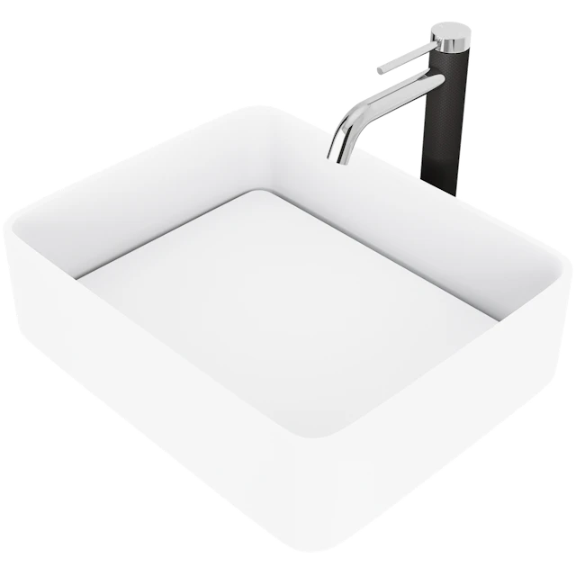 Matte Stone Jasmine Composite Rectangular Vessel Bathroom Sink in White with Lexington Faucet and Pop-Up Drain - angle 1 - other