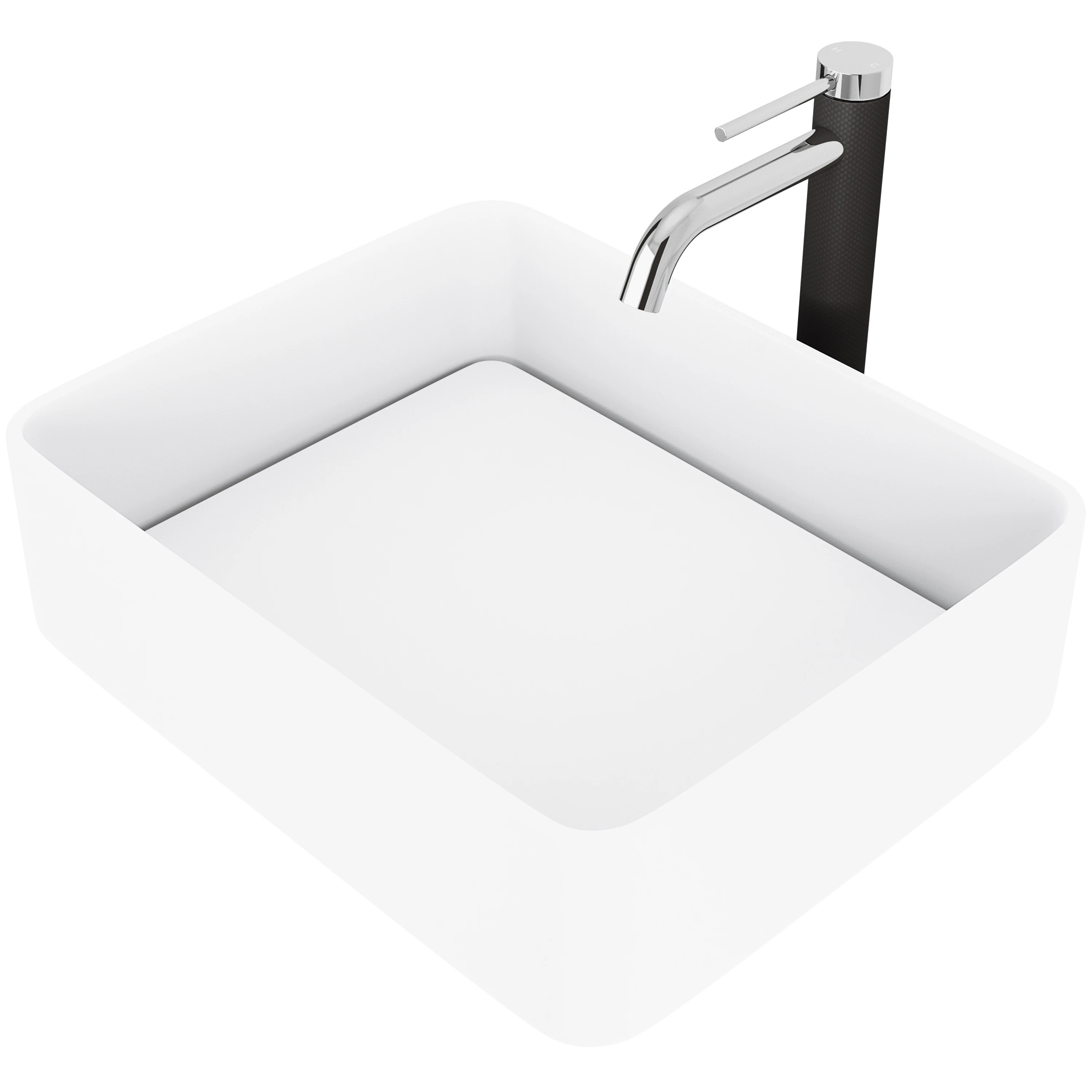 Matte Stone Jasmine Composite Rectangular Vessel Bathroom Sink in White with Lexington Faucet and Pop-Up Drain