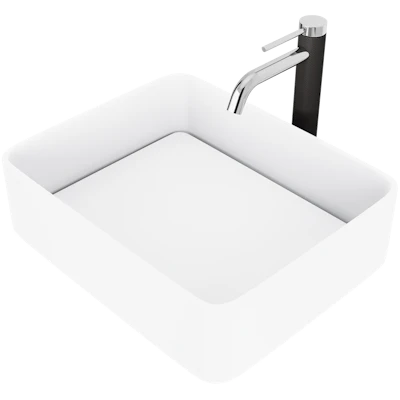 Matte Stone Jasmine Composite Rectangular Vessel Bathroom Sink in White with Lexington Faucet and Pop-Up Drain