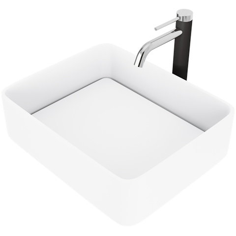 Matte Stone Jasmine Composite Rectangular Vessel Bathroom Sink in White with Lexington Faucet and Pop-Up Drain - image 1 - other