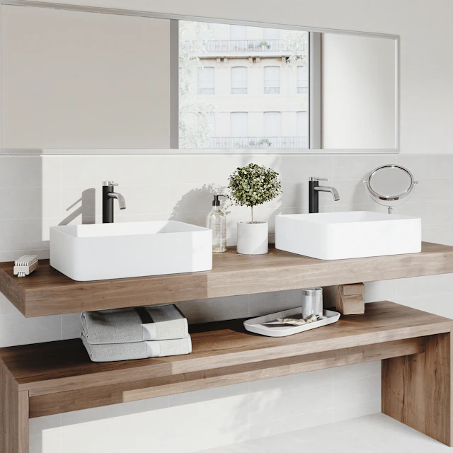Matte Stone Jasmine Composite Rectangular Vessel Bathroom Sink in White with Lexington Faucet and Pop-Up Drain - angle 2 - other
