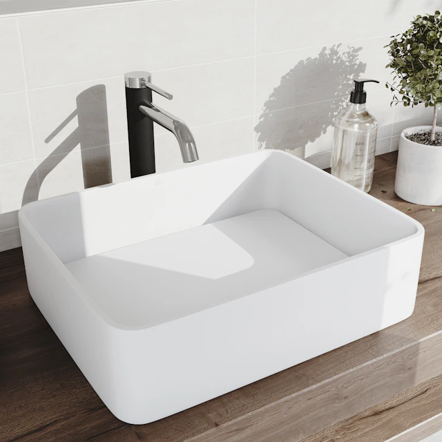 Matte Stone Jasmine Composite Rectangular Vessel Bathroom Sink in White with Lexington Faucet and Pop-Up Drain - angle 3 - other