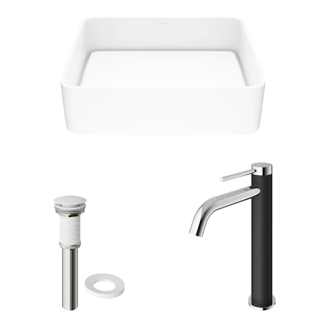 Matte Stone Jasmine Composite Rectangular Vessel Bathroom Sink in White with Lexington Faucet and Pop-Up Drain - angle 4 - other