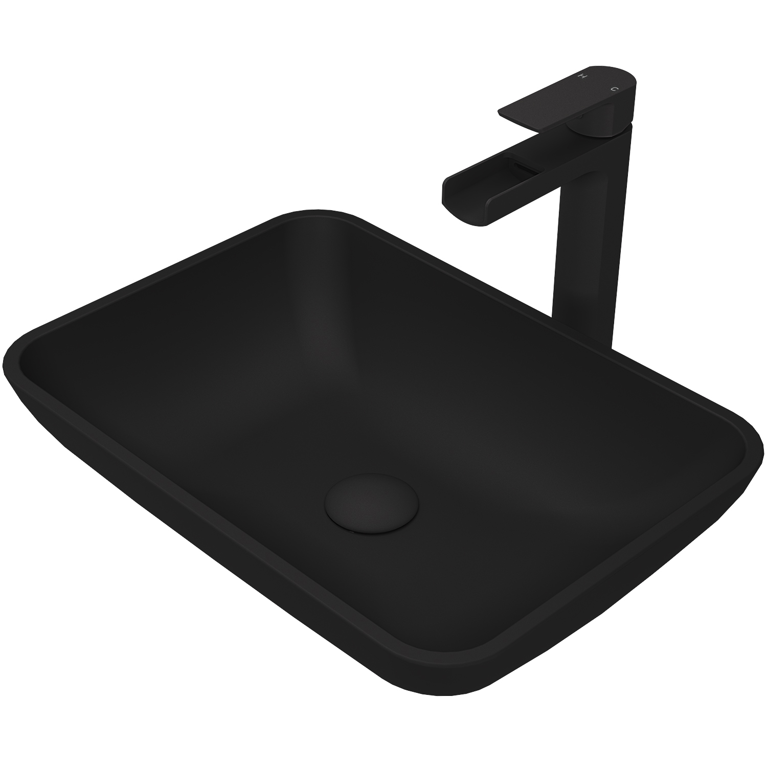 Matte Shell Sottile Glass Rectangular Vessel Bathroom Sink in Black with Amada Faucet and Pop-Up Drain