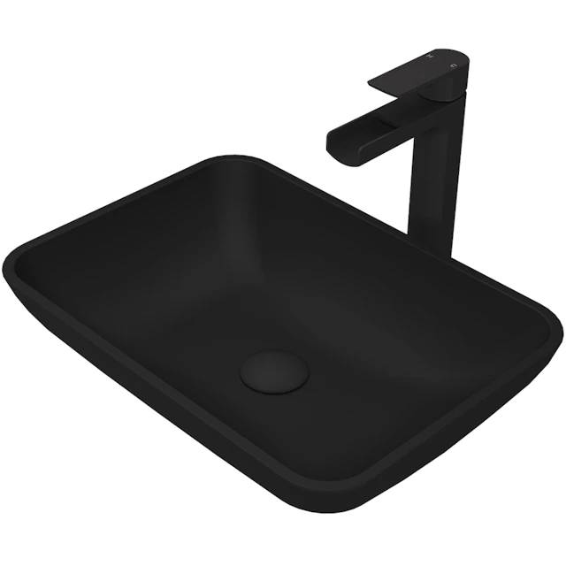 Matte Shell Sottile Glass Rectangular Vessel Bathroom Sink in Black with Amada Faucet and Pop-Up Drain - angle 1 - other
