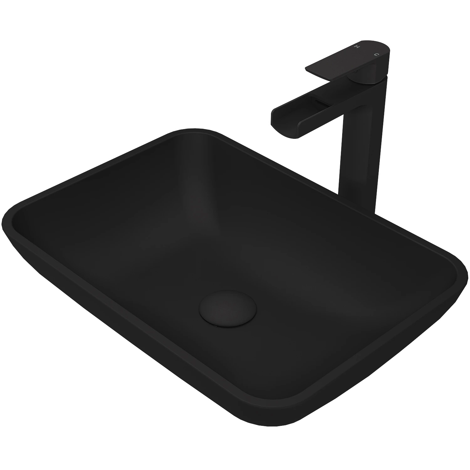 Matte Shell Sottile Glass Rectangular Vessel Bathroom Sink in Black with Amada Faucet and Pop-Up Drain